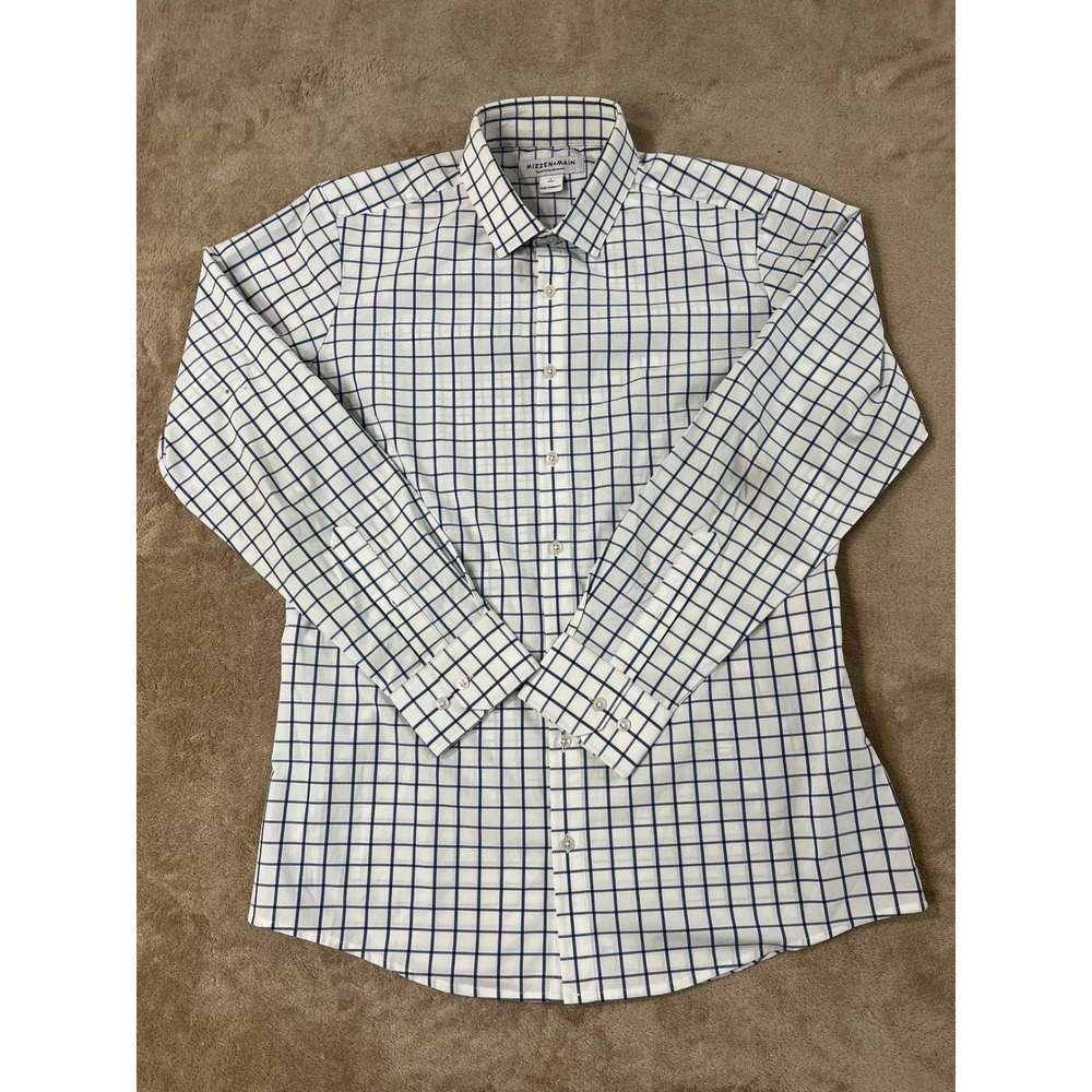 Mizzen + Main Performance Menswear dress shirt Large White Plaid Check L/S stain
